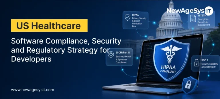US healthcare software compliance dashboard on laptop showing HIPAA HITECH Act 21 CFR Part 11 and SOC 2 regulatory frameworks for developers with Capitol building in background