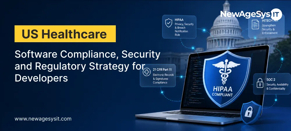 US healthcare software compliance dashboard on laptop showing HIPAA HITECH Act 21 CFR Part 11 and SOC 2 regulatory frameworks for developers with Capitol building in background
