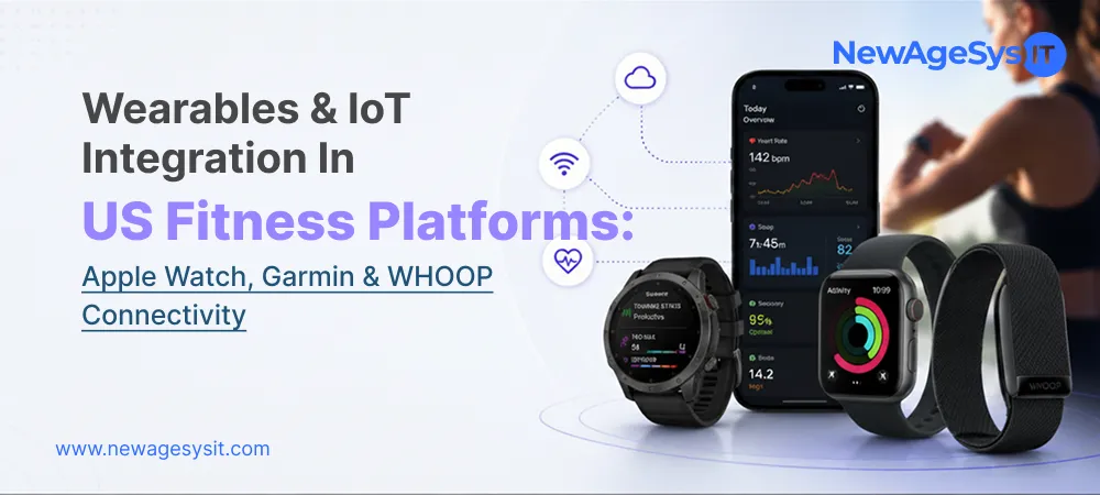 Banner for blog post "Wearables & IoT Integration in US Fitness Platforms: Apple Watch, Garmin & WHOOP Connectivity" showing wearable device data including heart rate (142 bpm), activity completion (99%), and fitness metrics. NewAgeSysIT provides wearable integration for fitness platforms with Apple Watch, Garmin, and WHOOP connectivity.