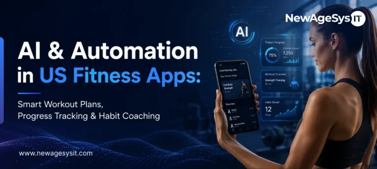 Fitness app automation banner with woman holding phone, AI icon, and progress tracking cards