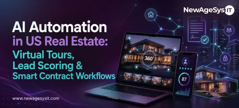 Real estate AI banner with laptop virtual tour, lead score phone, smart contract icons, and modern homes