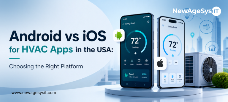Android and iOS HVAC app screens beside an outdoor AC unit with smart home icons