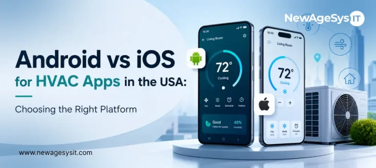 Android and iOS HVAC app screens beside an outdoor AC unit with smart home icons