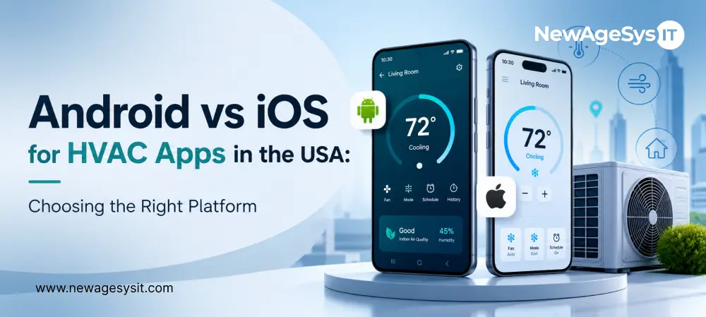 Android and iOS HVAC app screens beside an outdoor AC unit with smart home icons