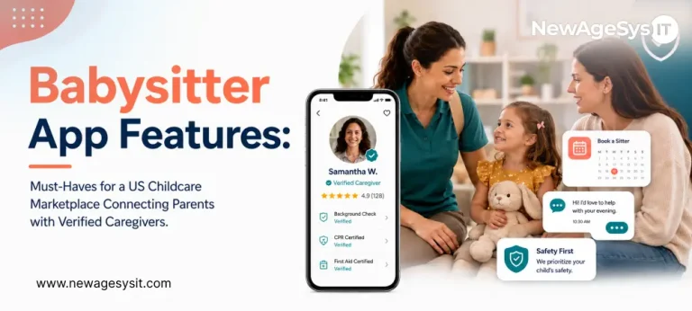 Babysitter app banner with caregiver profile, booking cards, and adults with a child