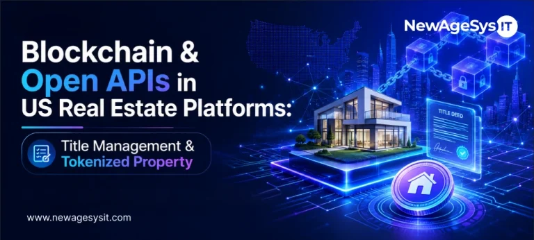 Blockchain real estate banner with modern house, title deed, digital cubes, and property token