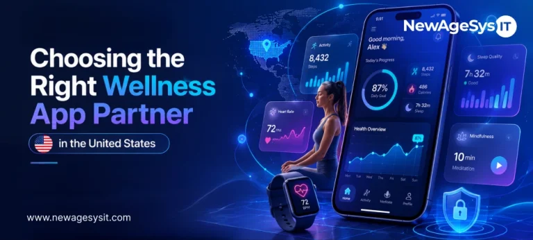 Wellness app partner banner with fitness dashboard, meditation visual, smartwatch, US flag, and security icon