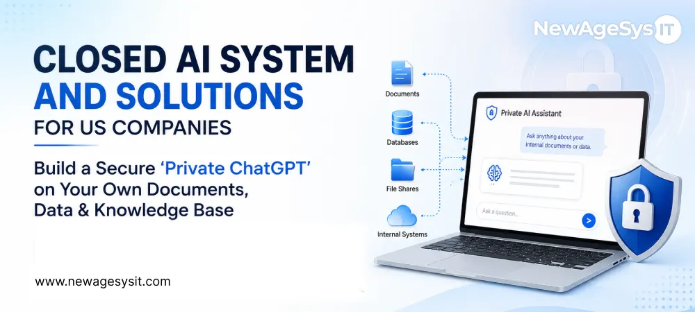 Laptop showing a private AI assistant with document, database, file share, and security icons