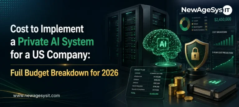 Private AI cost banner with server rack, AI brain, shield lock, charts, coins, and budget dashboard