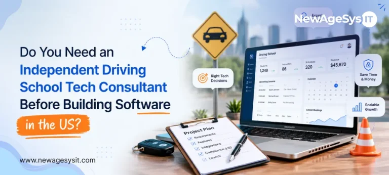 Driving school tech consultant banner with laptop dashboard, project plan, car key, traffic cone, and road sign