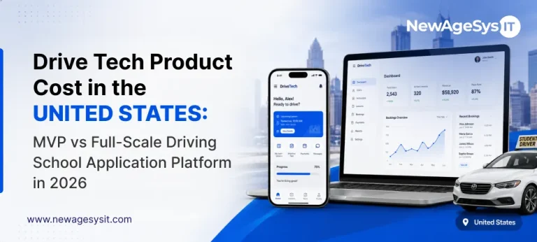 DriveTech cost banner with mobile app, laptop dashboard, student driver car, and US city background