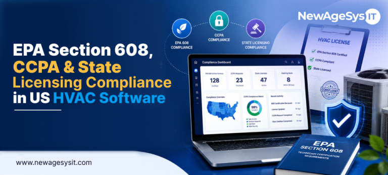 Laptop HVAC compliance dashboard with EPA, CCPA, licensing icons and AC unit