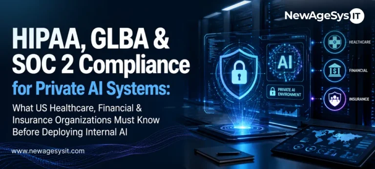 Private AI compliance banner with lock shield, AI dashboard, and healthcare, financial, and insurance icons
