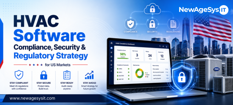 Laptop HVAC compliance dashboard with security icons, US flag, skyline, and outdoor AC units