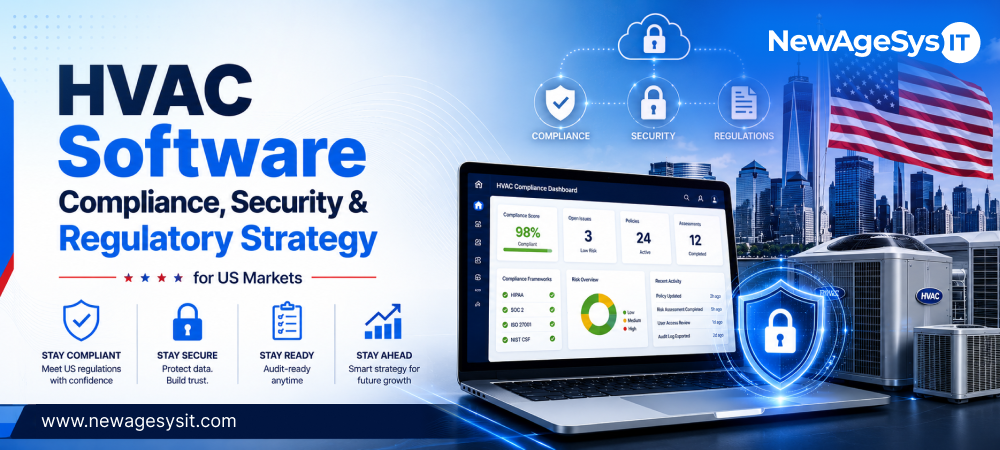 Laptop HVAC compliance dashboard with security icons, US flag, skyline, and outdoor AC units