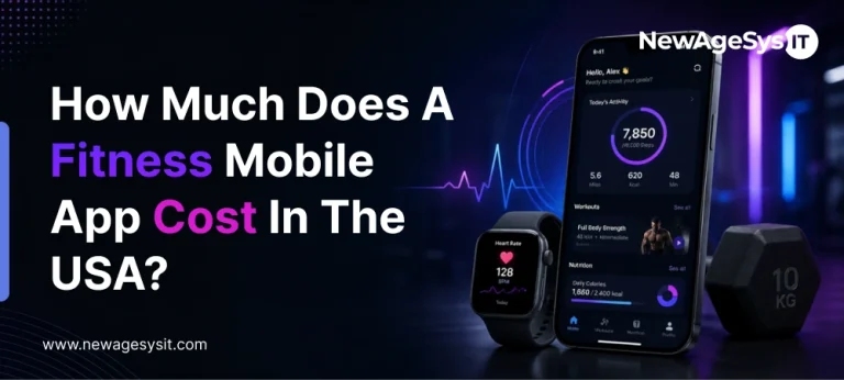 Fitness mobile app cost banner with smartphone dashboard, smartwatch, dumbbell, and health tracking visuals