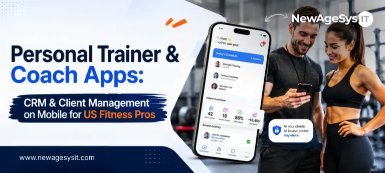 Personal trainer app banner with mobile CRM dashboard and two fitness professionals in a gym