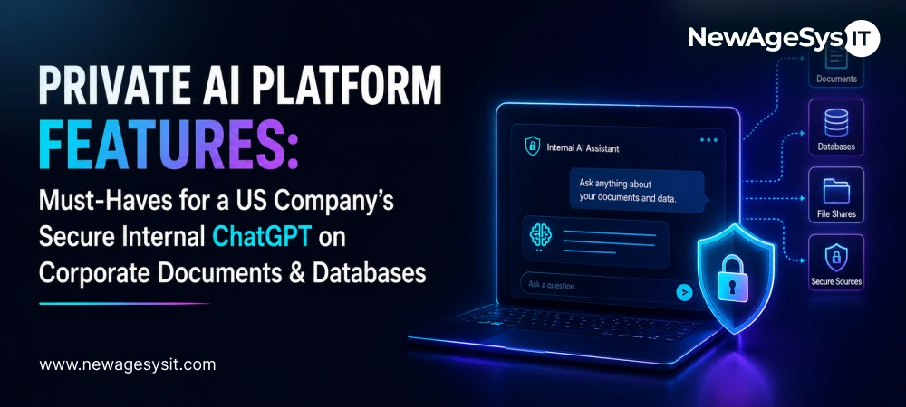Private AI platform banner with secure AI laptop interface, shield icon, and document, database, and file source icons