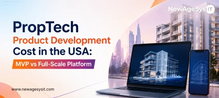PropTech cost banner with laptop and phone showing building wireframes beside modern apartments