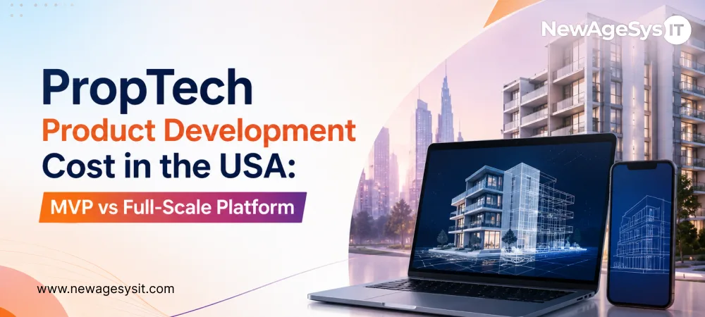 PropTech cost banner with laptop and phone showing building wireframes beside modern apartments