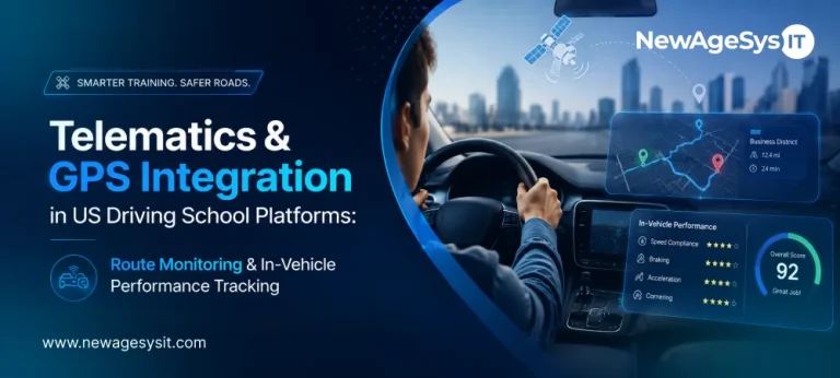 Driving school telematics banner with driver view, GPS route map, performance score, and tracking dashboard