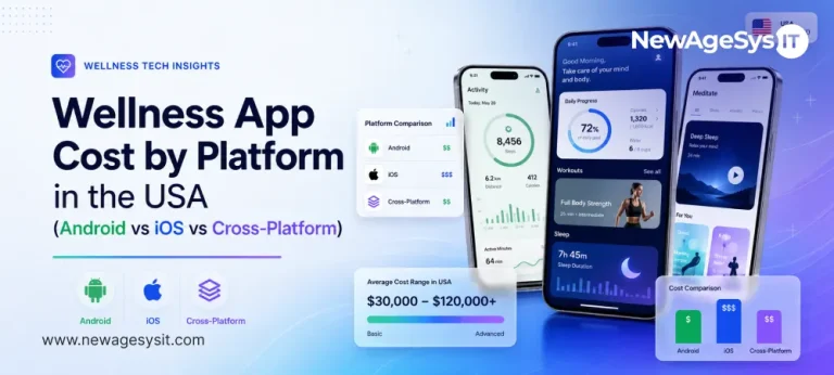 Wellness app cost banner with mobile dashboards, platform comparison cards, and platform icons