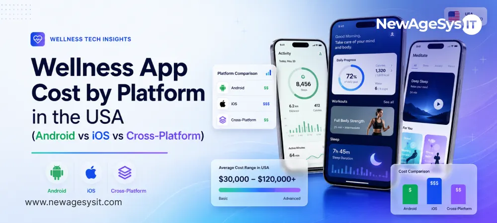 Wellness app cost banner with mobile dashboards, platform comparison cards, and platform icons
