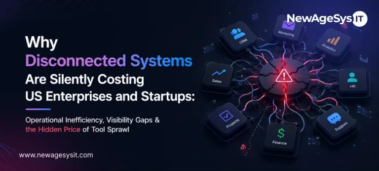 Disconnected business apps around a cracked warning hub showing tool sprawl and system gaps