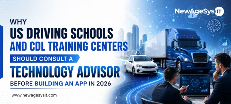 Driving school advisor banner with CDL truck, learner car, consultants, and AI dashboard