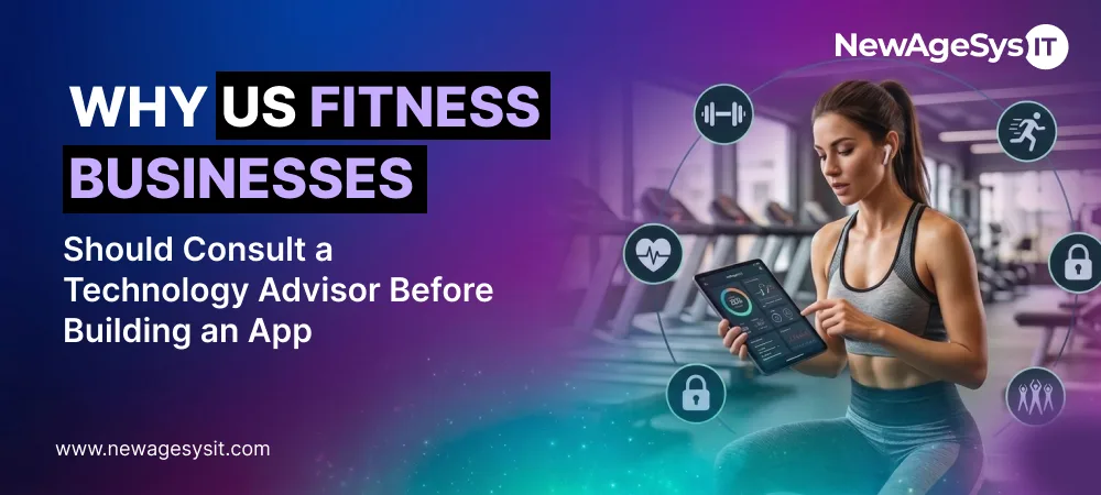 Fitness technology advisor banner with woman using app, gym background, and health interface icons