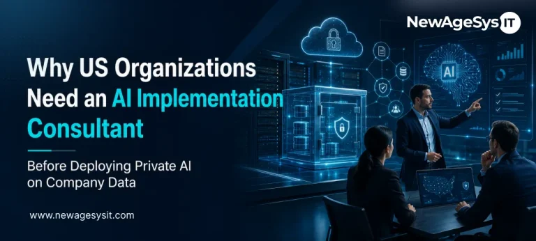 Business team reviewing private AI infrastructure with consultant, secure cloud, servers, and AI dashboard