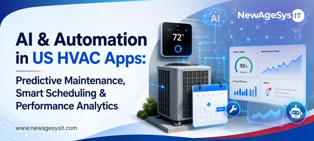 Banner for blog post "AI & Automation in US HVAC Apps: Predictive Maintenance, Smart Scheduling & Performance Analytics" featuring AI-powered HVAC applications with predictive maintenance, smart scheduling, and performance analytics for field service operations. NewAgeSysIT provides AI-driven HVAC software with IoT integration, dispatch optimization, and technician performance analytics.