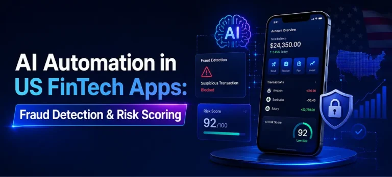 Banner for AI automation in US FinTech apps showing fraud detection, risk scoring, secure mobile banking, and AI-driven transaction monitoring.