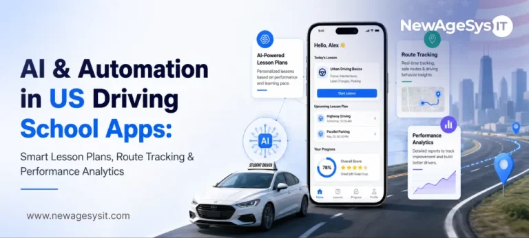 Banner for blog post "AI & Automation in US Driving School Apps: Smart Lesson Plans, Route Tracking & Performance Analytics" showing AI-powered driving school features including personalized lesson plans, route tracking, performance analytics, and student progress (overall score 78%). NewAgeSysIT provides AI-driven driving school software with adaptive lesson planning, GPS route tracking, and performance analytics.