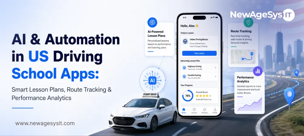 Banner for blog post "AI & Automation in US Driving School Apps: Smart Lesson Plans, Route Tracking & Performance Analytics" showing AI-powered driving school features including personalized lesson plans, route tracking, performance analytics, and student progress (overall score 78%). NewAgeSysIT provides AI-driven driving school software with adaptive lesson planning, GPS route tracking, and performance analytics.