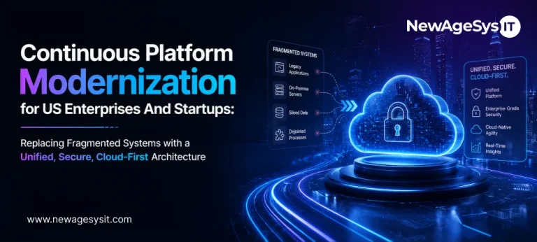 Banner for blog post "Continuous Platform Modernization for US Enterprises and Startups: Replacing Fragmented Systems with a Unified, Secure, Cloud-First Architecture" featuring platform modernization strategy for replacing disconnected systems with unified cloud-first architecture. NewAgeSysIT provides continuous platform modernization with event-driven architecture, API integration, cloud migration, and unified operational platforms for US enterprises and startups.