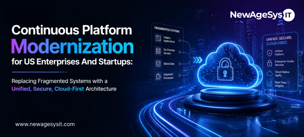 Banner for blog post "Continuous Platform Modernization for US Enterprises and Startups: Replacing Fragmented Systems with a Unified, Secure, Cloud-First Architecture" featuring platform modernization strategy for replacing disconnected systems with unified cloud-first architecture. NewAgeSysIT provides continuous platform modernization with event-driven architecture, API integration, cloud migration, and unified operational platforms for US enterprises and startups.