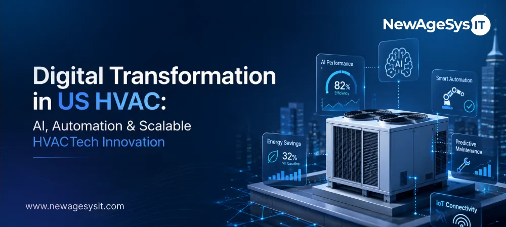 Digital Transformation in US HVAC: AI, Automation & Scalable HVACTech Innovation 2 Banner for blog post "Digital Transformation in US HVAC: AI, Automation & Scalable HVACTech Innovation" featuring digital transformation for HVAC businesses with AI, automation, IoT connectivity, and scalable technology innovation. NewAgeSysIT provides HVAC technology consulting with AI dispatch optimization, IoT integration, EPA compliance automation, and custom software solutions for US HVAC contractors.