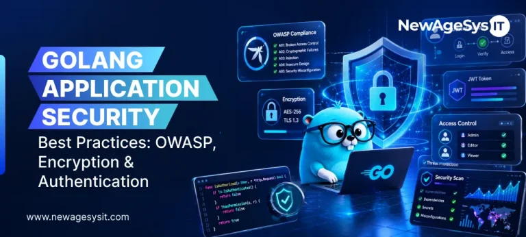 Banner for blog post "Golang Application Security Best Practices: OWASP, Encryption & Authentication" featuring Go security practices including OWASP compliance, AES-256 encryption, TLS 1.3, JWT authentication, and access control. NewAgeSysIT provides Golang security consulting with OWASP mitigations, encryption implementation, and authentication architecture for production Go services.