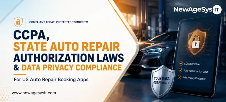 Auto repair compliance banner with car, tablet lock screen, shield, and data privacy checklist