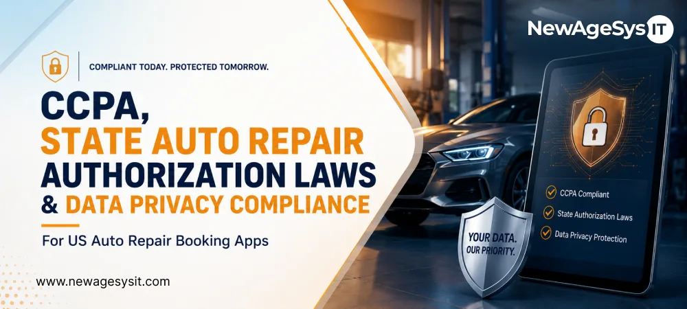Auto repair compliance banner with car, tablet lock screen, shield, and data privacy checklist