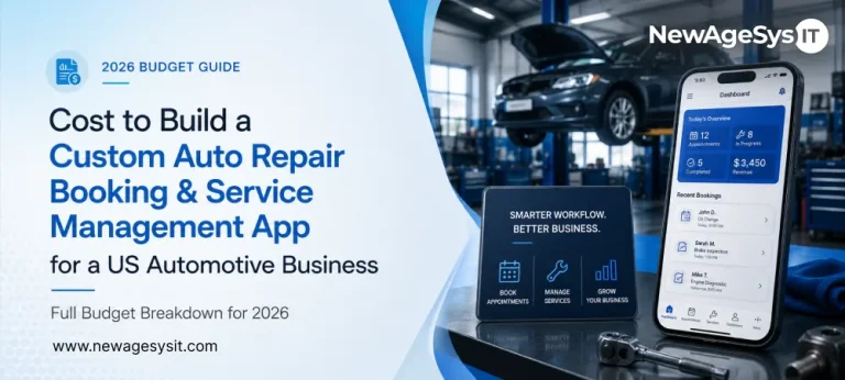Auto repair app cost banner with phone dashboard, car on lift, workflow tablet, and tools