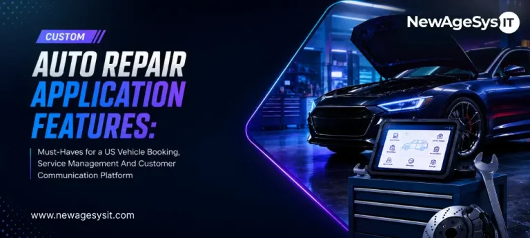 Auto repair app banner with car hood open, tablet dashboard, tool chest, wrench, and brake disc