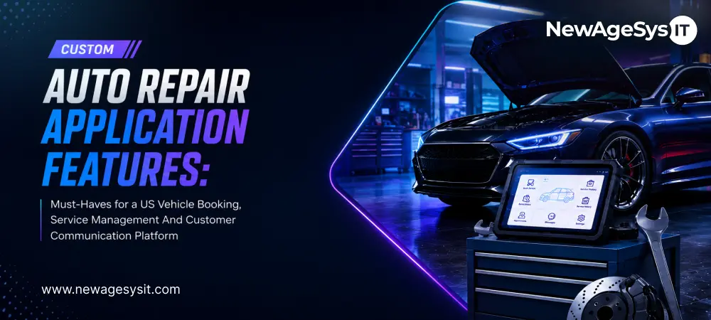 Auto repair app banner with car hood open, tablet dashboard, tool chest, wrench, and brake disc