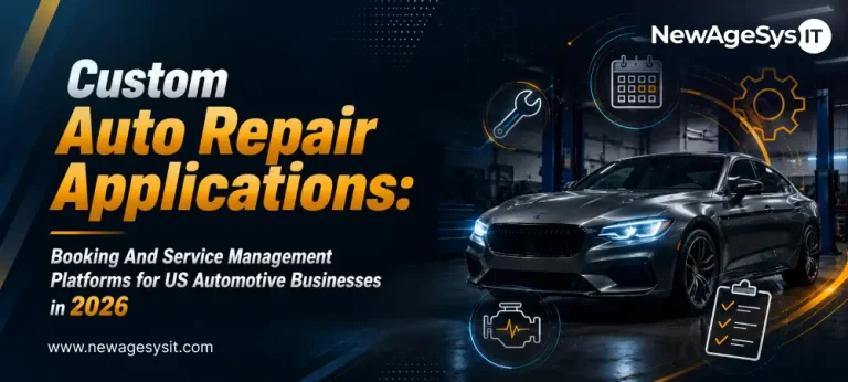 Auto repair app banner with a car in a service garage and booking, wrench, engine, and checklist icons