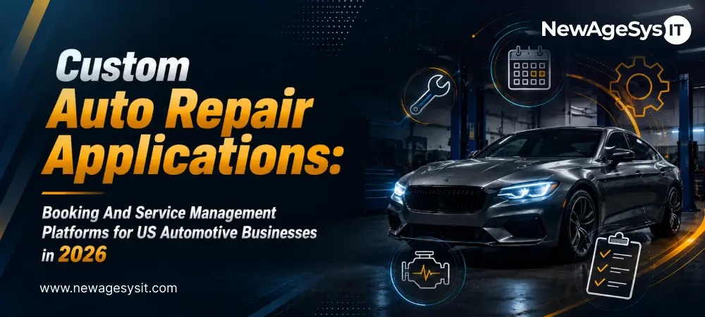 Auto repair app banner with a car in a service garage and booking, wrench, engine, and checklist icons