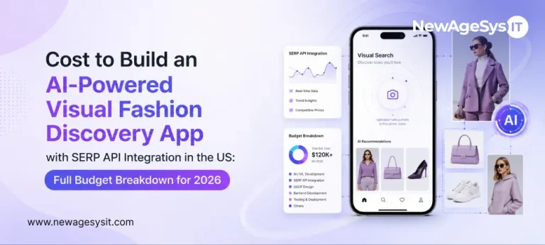 AI visual fashion discovery app cost banner showing SERP API integration, visual search, AI recommendations, and US development budget breakdown.
