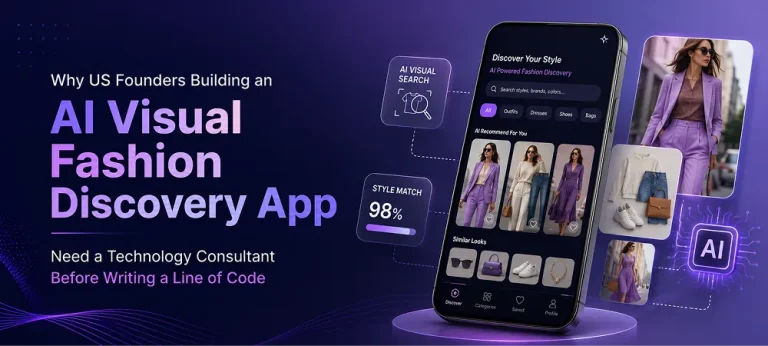 AI visual fashion discovery app banner showing visual search, style matching, AI recommendations, and technology consulting for US founders.