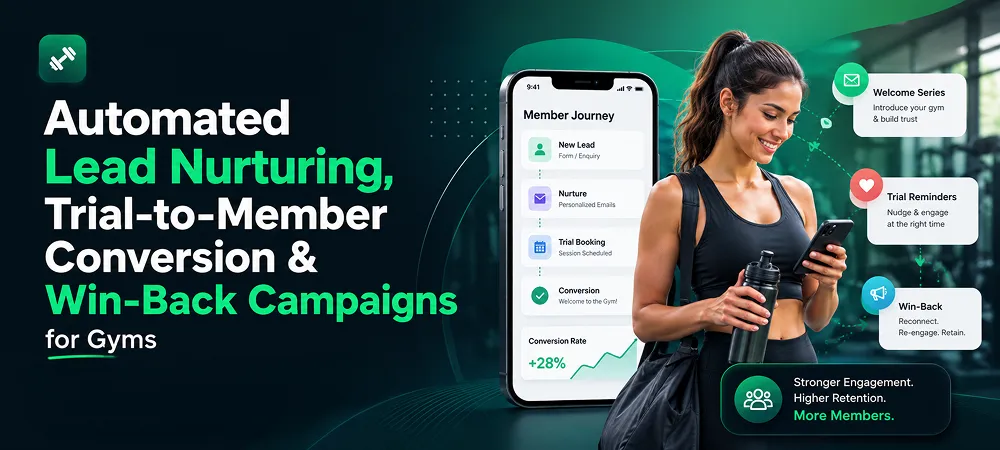 Automated gym lead nurturing banner showing trial-to-member conversion, welcome emails, trial reminders, win-back campaigns, and member journey automation.