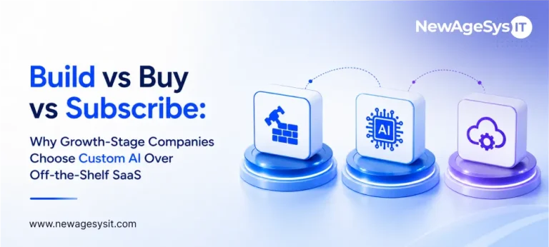 Banner for blog post "Build vs Buy vs Subscribe: Why Growth-Stage Companies Choose Custom AI Over Off-the-Shelf SaaS" comparing custom AI development versus off-the-shelf SaaS subscriptions for growth-stage enterprises. NewAgeSysIT provides custom AI development with RAG architecture, enterprise API integration, and AI strategy consulting for US businesses.
